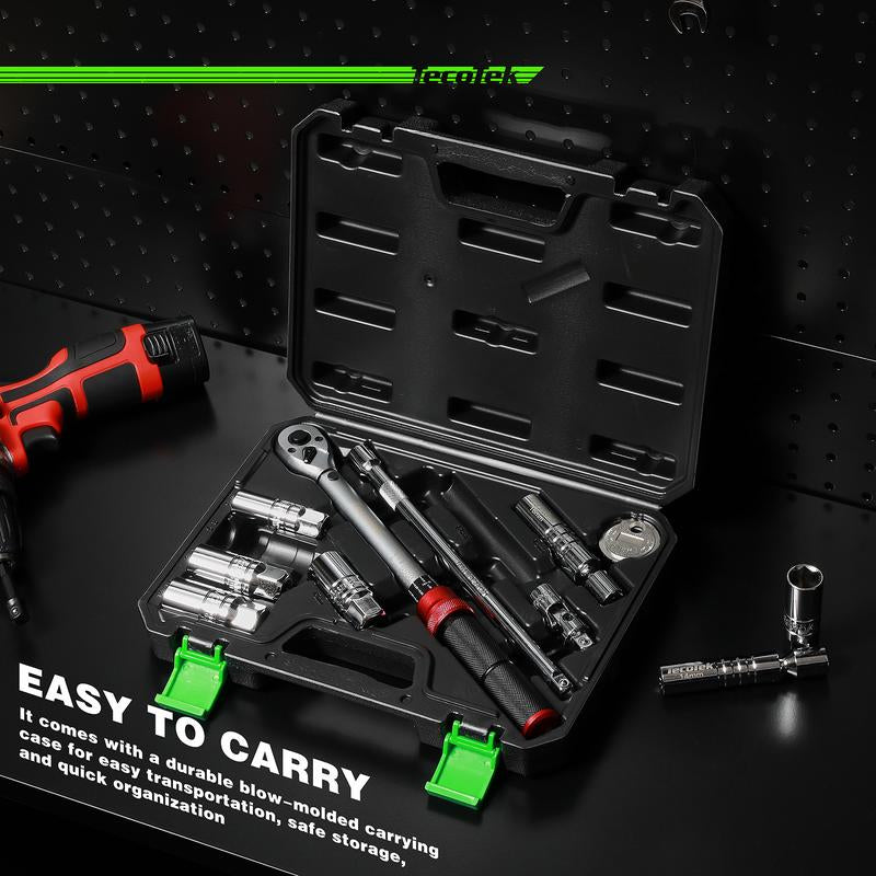 11Pcs 3/8" Drive Spark Plug Socket Set with Click Torque Wrench, Spark Plug Gapper, Universal Joint, Extension Bar, 9/16", 5/8", 3/4", 13/16", 14, 16 and 18Mm, CR-V Sockets with Rubber Rings