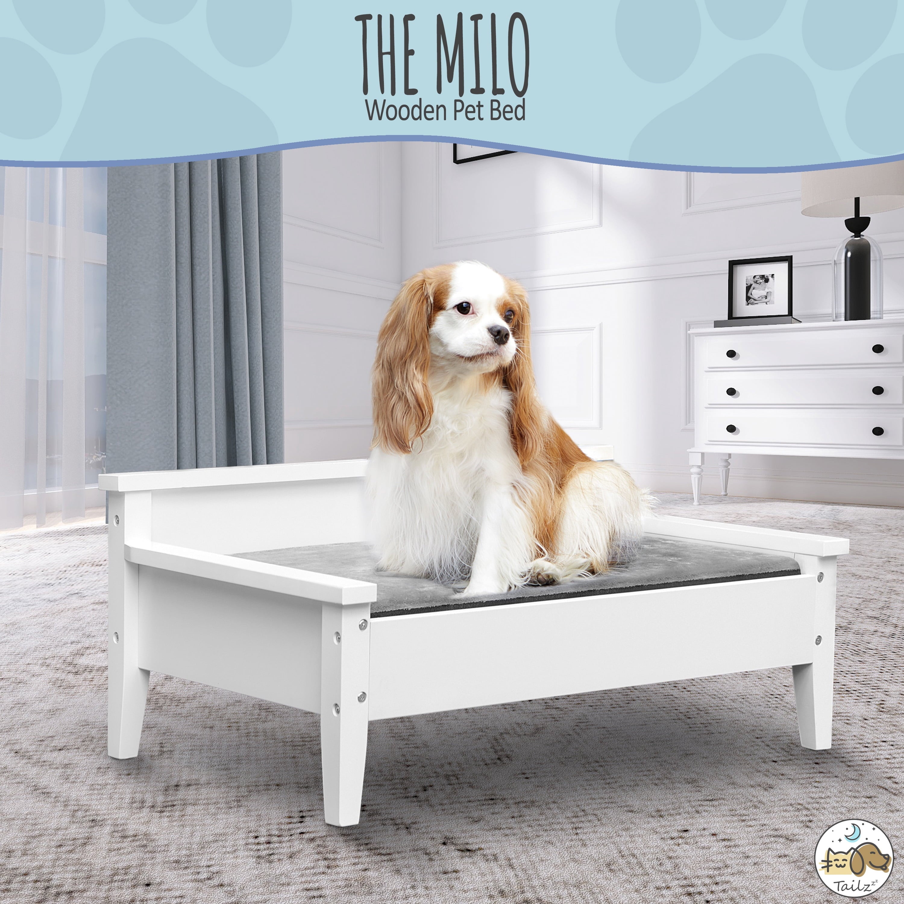 Winston White Elevated Wooden Pet Bed with Cozy Plush Mattress