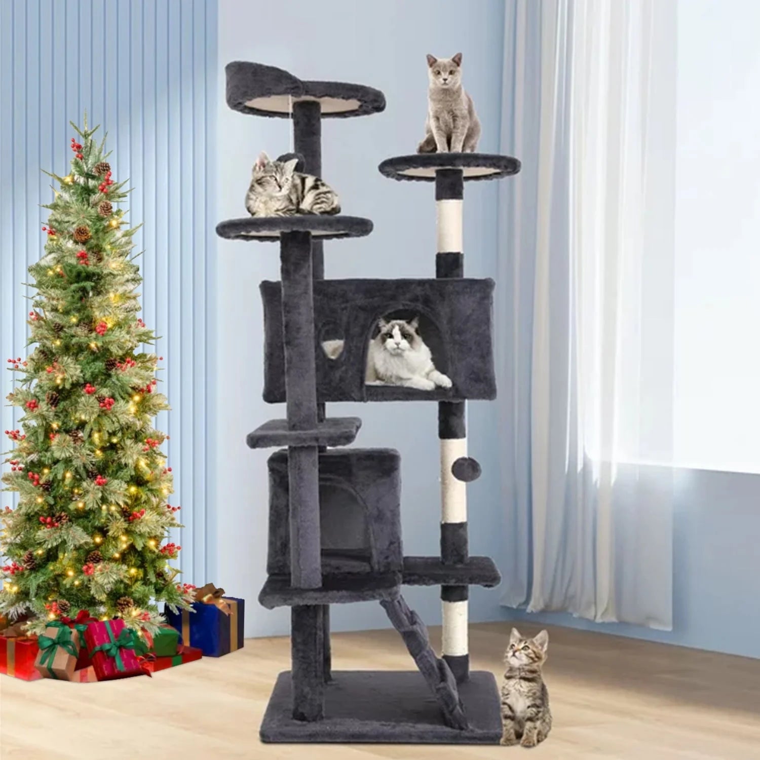 Deluxe 54-Inch Double Condo Cat Tree Tower with Scratching Post & Cozy Perch - Perfect Indoor Playhouse for Your Feline Friends!