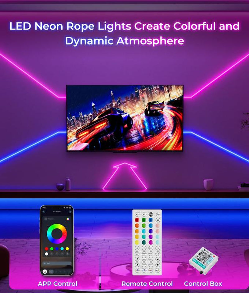 100FT Led Neon Rope Lights Strip - Flexible Led Control with App/Remote Rope Lights Multiple Modes RGB IP65 Waterproof Outdoor Neon Music Sync Gaming Strip for Christmas Outdoor Decorations