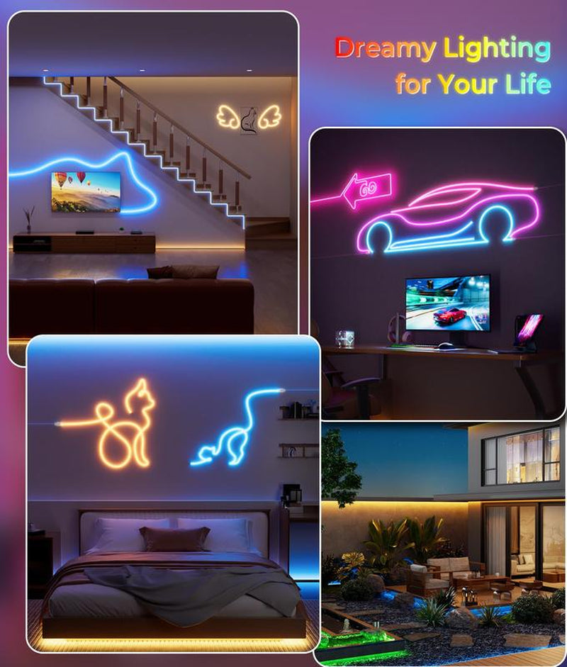 100FT Led Neon Rope Lights Strip - Flexible Led Control with App/Remote Rope Lights Multiple Modes RGB IP65 Waterproof Outdoor Neon Music Sync Gaming Strip for Christmas Outdoor Decorations