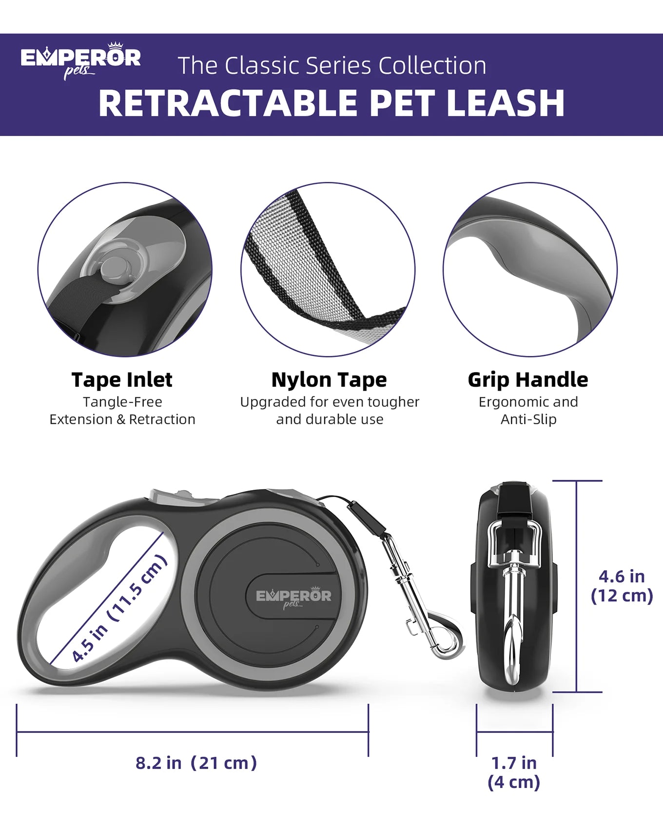 Heavy Duty 16 Ft Retractable Dog Leash for Large Dogs up to 110Lbs - Gray