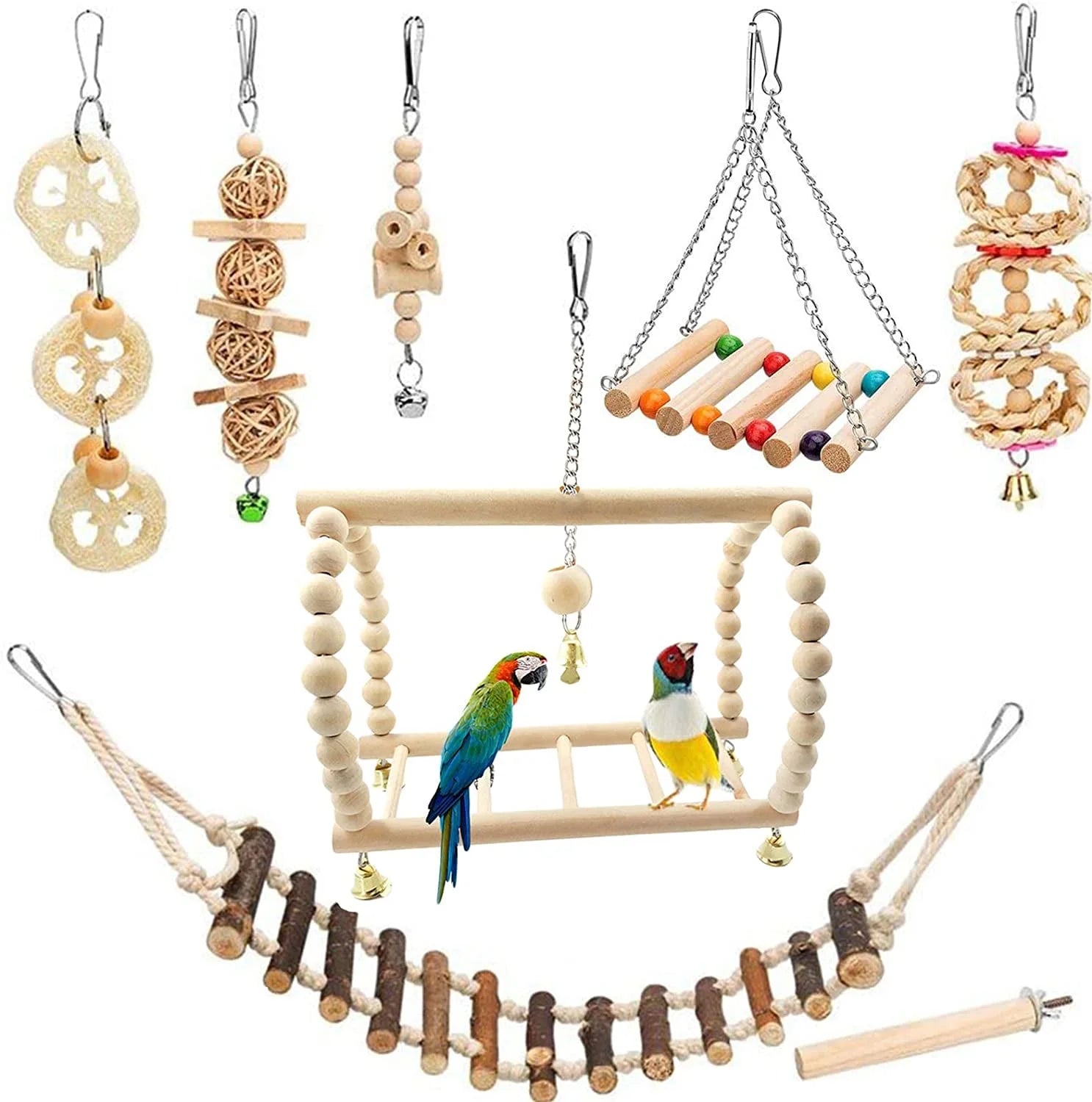 Extra Large 8 Pack Bird Toys - Fun Parakeet & Parrot Accessories for Chewing, Swinging, and Training!
