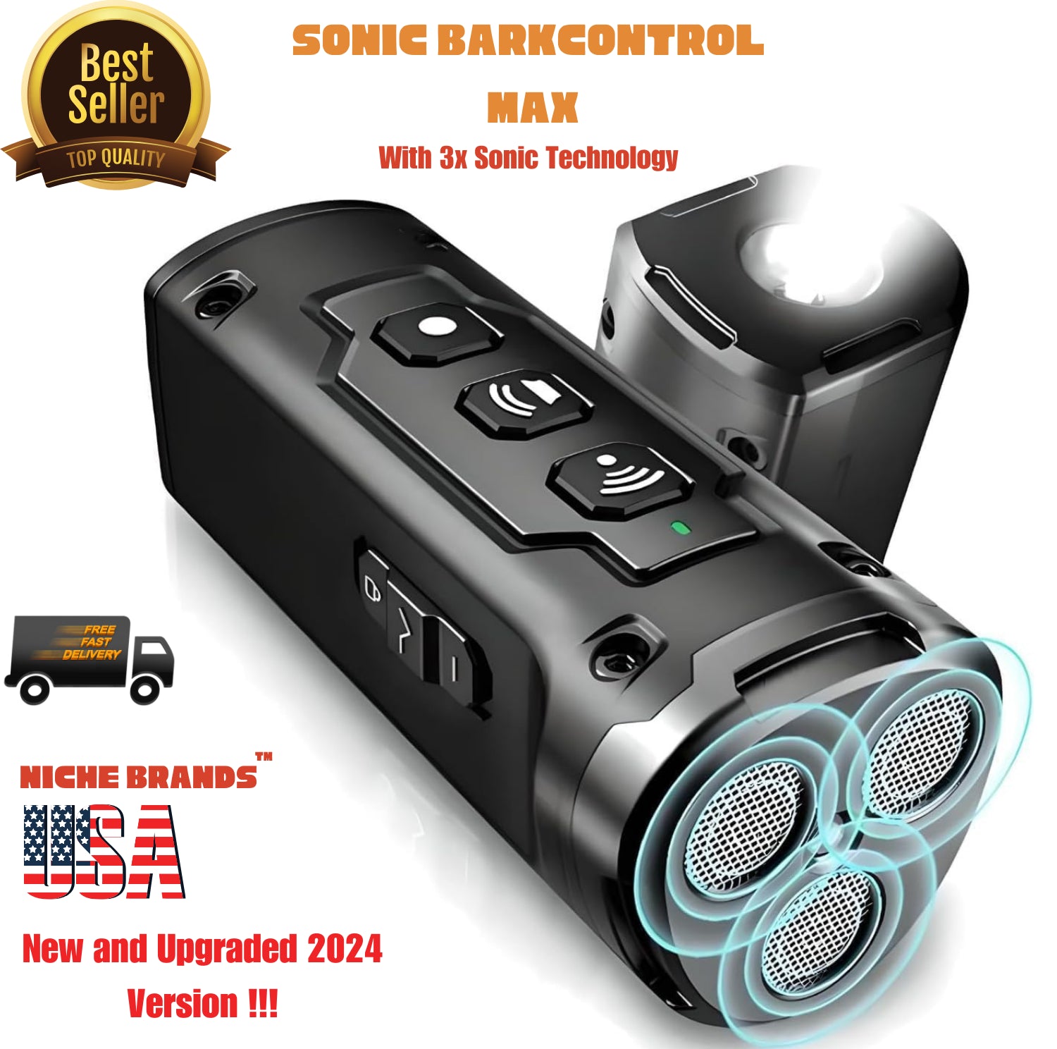 Niche Brands 50Ft Ultrasonic Dog Bark Deterrent Device with 3X Emitters - Stop Barking Now!