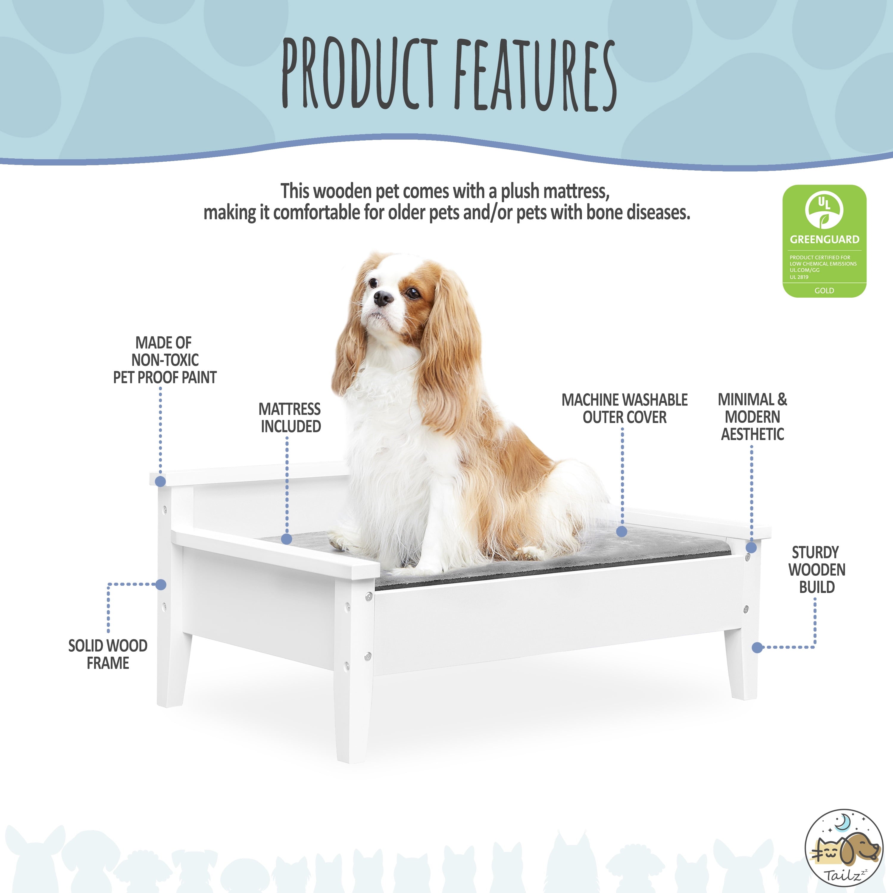 Winston White Elevated Wooden Pet Bed with Cozy Plush Mattress
